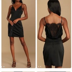 Lulus Wow and Always Black Satin Lace Cowl Back Mini Dress